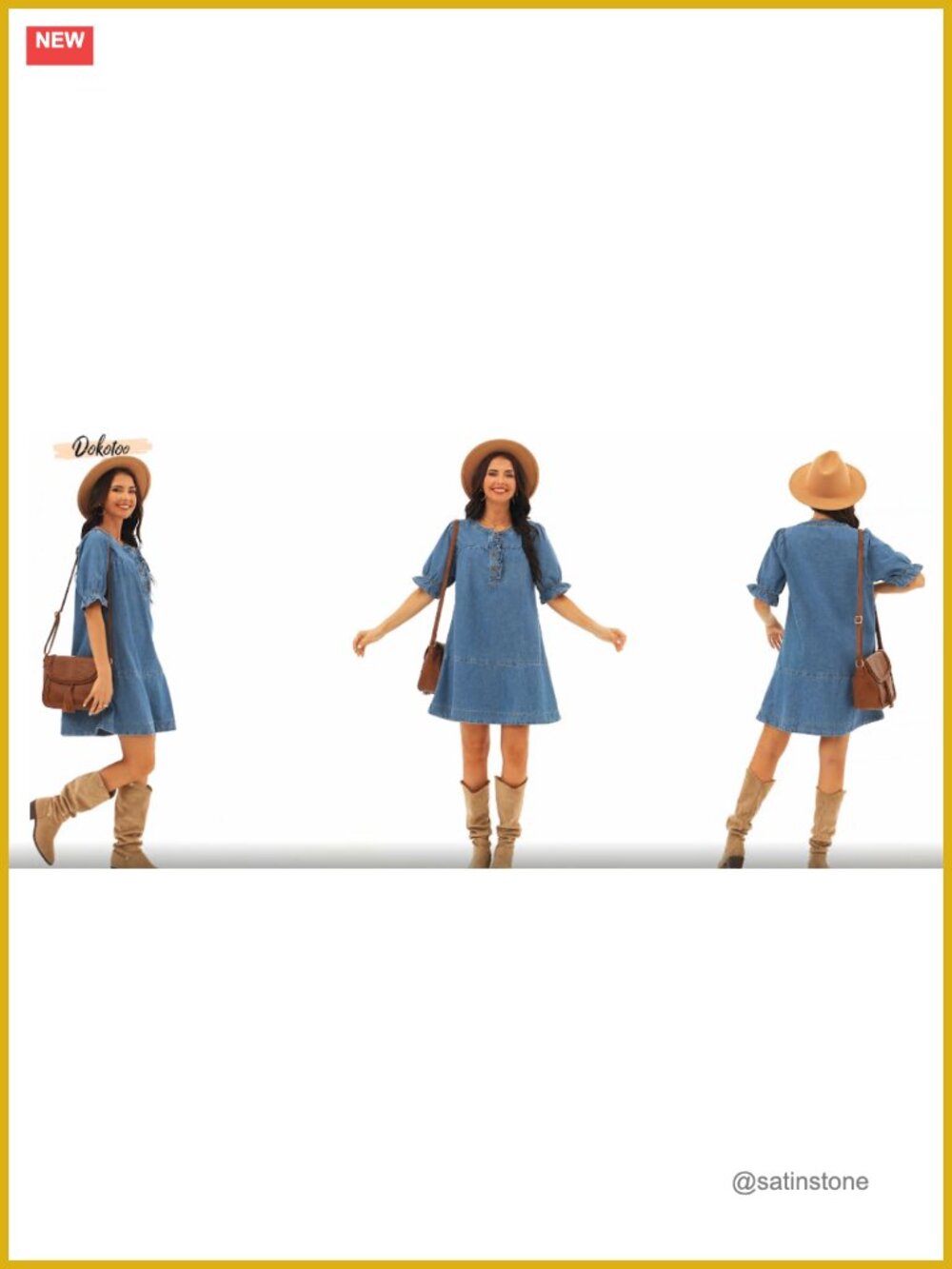Denim Babydoll Dress Flare Short Sleeve Button Front Ruffle Cuff A-Line Mini - Picture 7 of 7